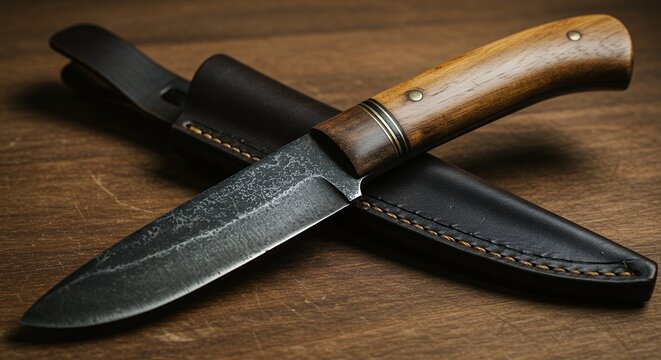 Close up of a sharp survival knife with leather sheath on a wooden surface