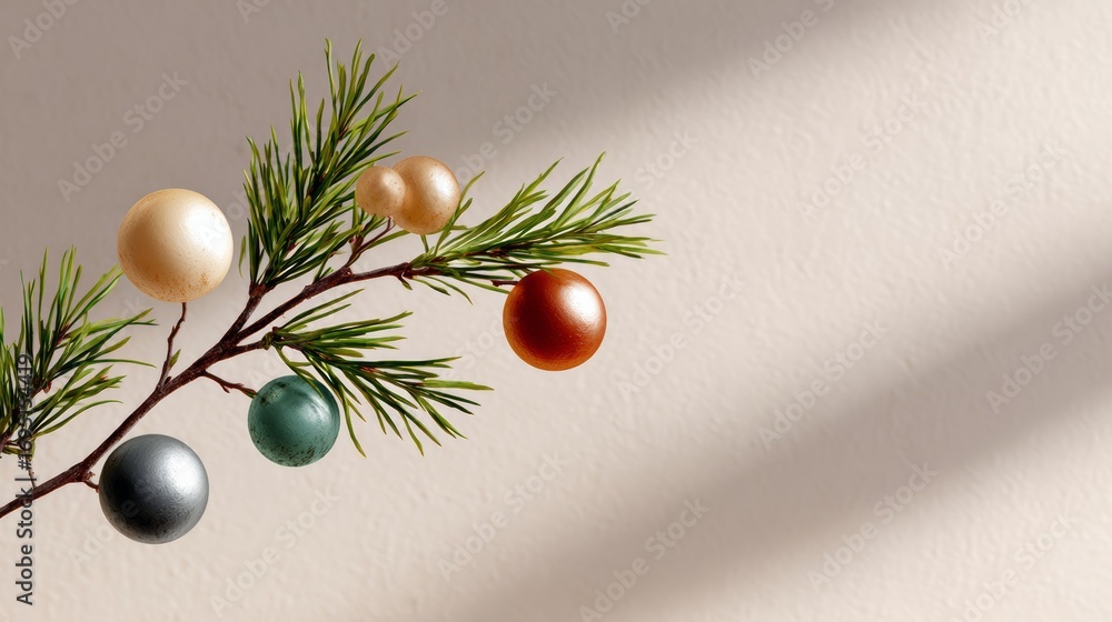 Poster a christmas tree branch with a variety of colored balls hanging from it. the branch is surrounded by