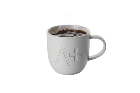 Steaming coffee in A+ mug for success, focus, and achievement concept