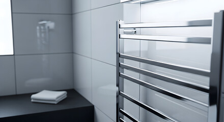 Modern Bathroom Interior Featuring Chrome Towel Warmer Beside Gray Tiled Walls