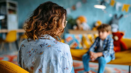 Child therapy session in colorful room with toys, therapist seen from behind to ensure confidentiality
