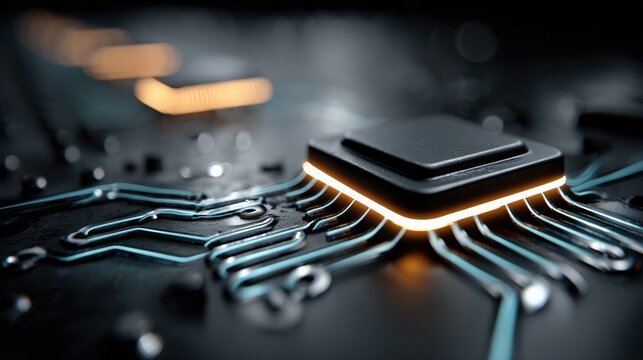 Close-up view of a modern microprocessor on a circuit board, showcasing intricate connections and glowing elements, highlighting technology and innovation in electronics design