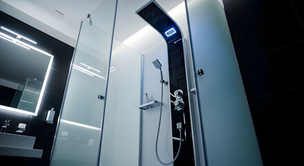 Modern Bathroom Interior with Futuristic Showerhead, Artistic Design and Clean Lines
