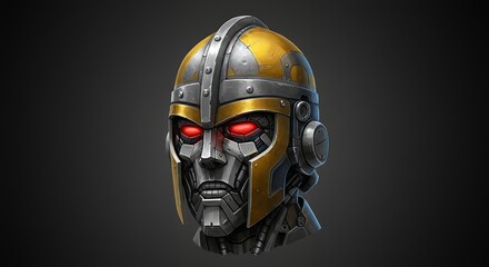 Fototapeta premium Futuristic robot head with metallic armor and glowing eyes against dark backdrop
