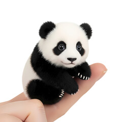 Fototapeta premium A hyperrealistic tiny baby panda sitting in a human palm, fluffy black and white fur, cute face, round ears, photoreal detail, black background