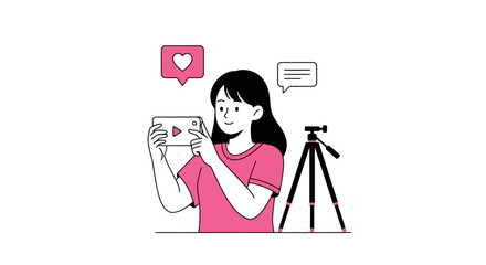 Young woman filming content with her smartphone and tripod, surrounded by social media icons, for use in marketing or advertising