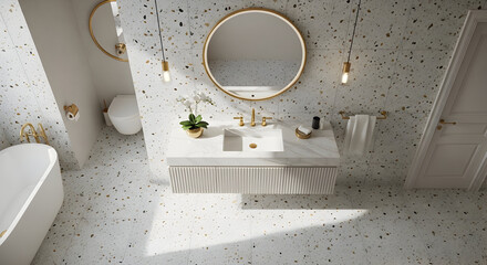 Modern bathroom interior with golden fixtures and terrazzo flooring