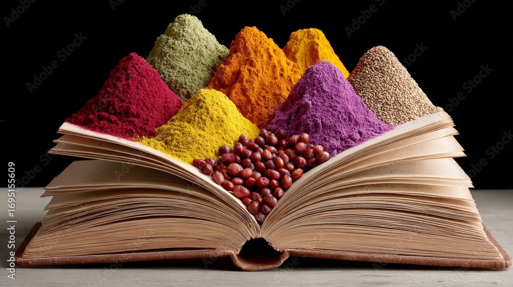 Aufkleber a book is open to a page with a variety of spices and beans. the spices are arranged in a pyramid sh