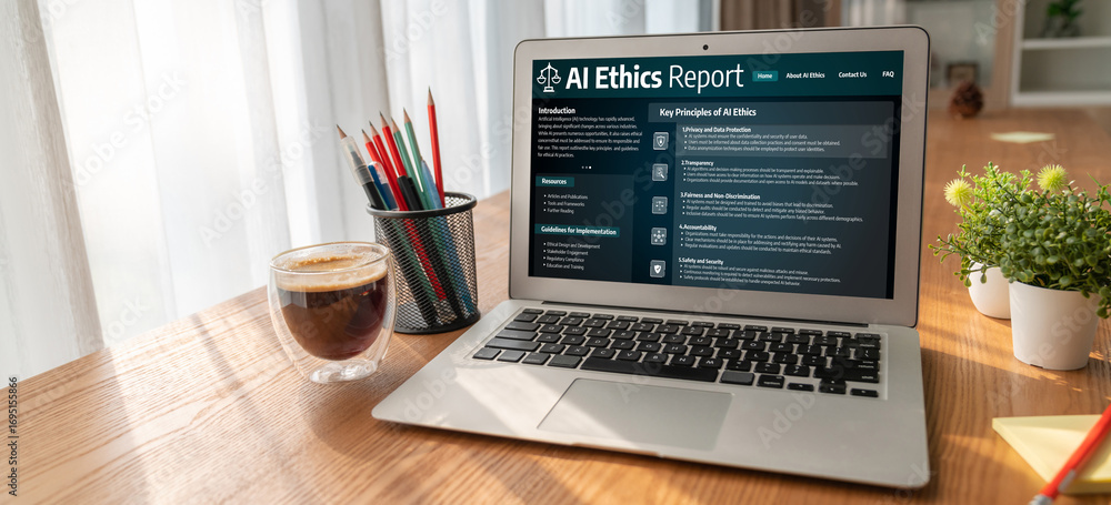 Aufkleber ai ethics responsibility standard law and rules on computer screen provide report of ai ethic transp