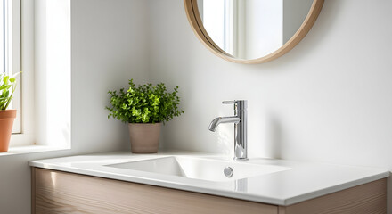 Modern bathroom sink with faucet mirror and green plant creating a fresh ambiance