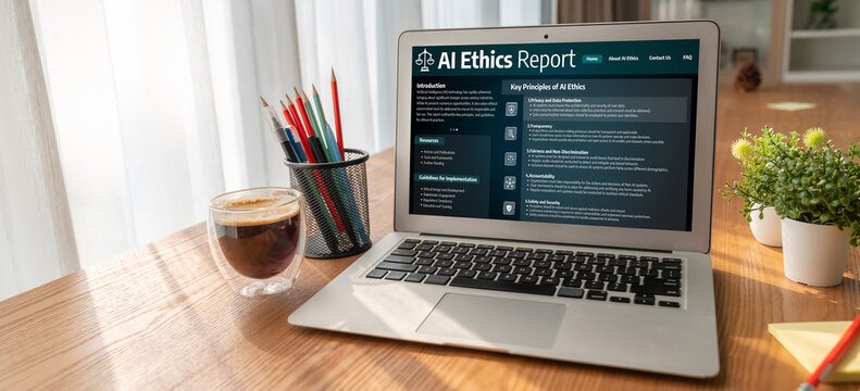 AI ethics responsibility standard law and rules on computer screen provide report of AI ethic transparency preventing technology crime. brisk