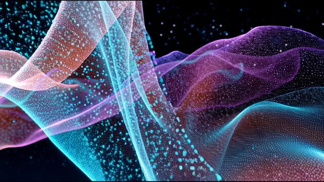 Elegant abstract sound wave formed from detailed mesh lines in cyan and violet with particles and deep blue background, suggesting digital audio flow and futuristic atmosphere.