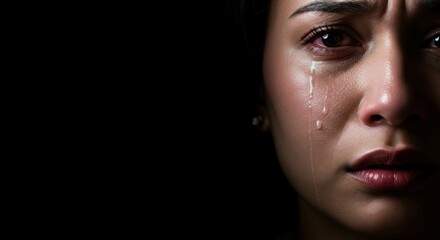 Sorrowful expression of crying person in dim illumination.