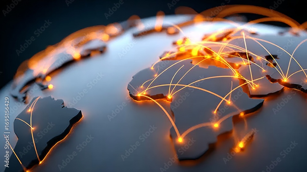 Poster a globe with a network of lines connecting it. the globe is lit up with a warm orange glow