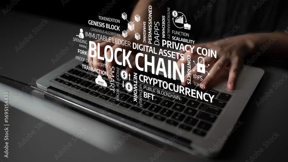 Poster close-up of hands on a laptop with overlaid keywords related to blockchain technology and cryptocurr