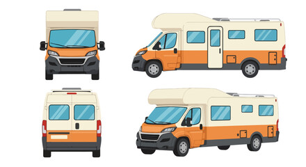 Set of vector illustrations showing a camper van RV from multiple angles, highlighting motorhome design, travel lifestyle, road trip concept, mobile home transport, camping, and modern recreational