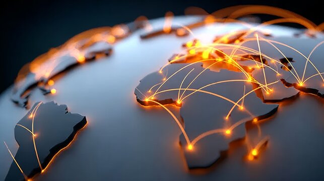 A globe with a network of lines connecting it. The globe is lit up with a warm orange glow