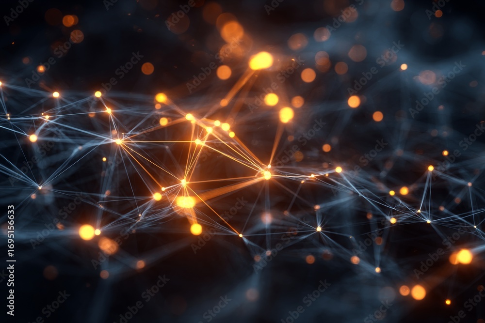 Poster glowing connected nodes create a vibrant network in a digital environment, representing advancements