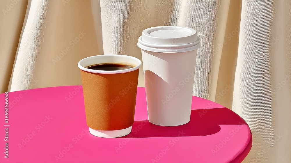 Aufkleber a cup of coffee is sitting on a table next to a cup with a lid on it. the table is pink and the scen