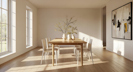 Fototapeta premium Modern Dining Space with Natural Light and Elegant Artwork on the Wall