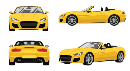 Set of vector illustrations showing a luxury convertible sports car from multiple angles, highlighting sleek design, performance style, automotive branding, modern travel, and premium transportation