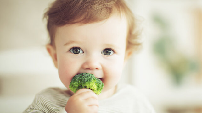 A small child eating broccoli. Agriculture and healthy food concept. World Vegan Day