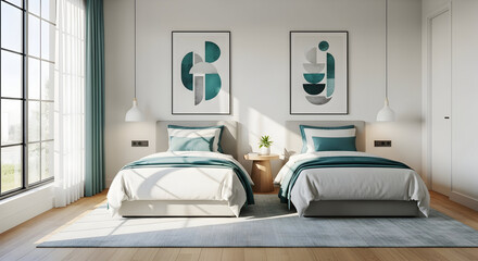 Modern Bedroom Interior Design Featuring Twin Beds, Art, and Natural Light