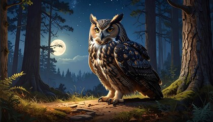 Majestic owl, perched on a forest floor bathed in moonlight, displays intricate plumage details against a starry night sky.
