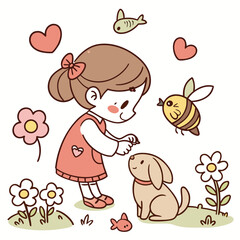 Cute Little Girl Doodle Drawings: Puppy, fish, flowers, sheep, bee, butterfly, bird, kitty, bunny, heart, and a little girl.