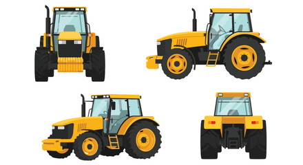 Set of vector illustrations showing a tractor from multiple angles, highlighting powerful agricultural machinery, heavy-duty design, and farming equipment concept for agriculture, industry, and market