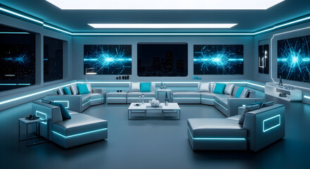 Fototapeta premium Modern Futuristic Living Room Interior Design with Neon Lights and Digital Displays