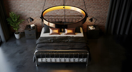 Modern bedroom interior design with industrial style and dim lighting for relaxation