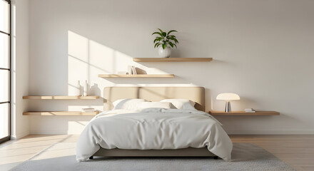 Modern bedroom interior design with minimalist style, featuring natural light and decor