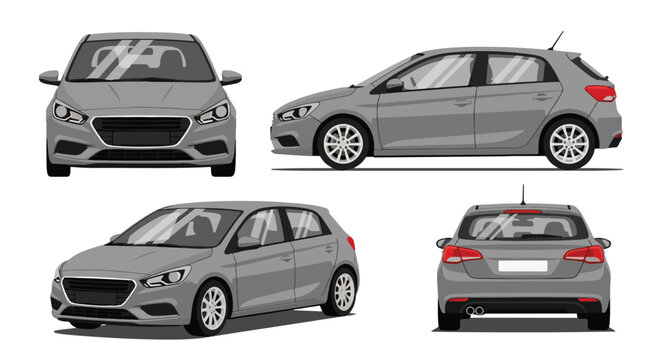 Set of vector illustrations showing a compact hatchback car from multiple angles, highlighting modern design, urban style, and versatile automotive concept for transportation, marketing, and branding 