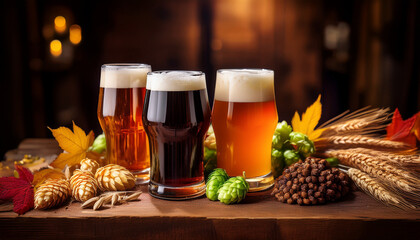 A Selection Of Craft Beers In Autumn Shades Rests On Rustic Wood Alongside Hops And Barley In A Warm Pub
