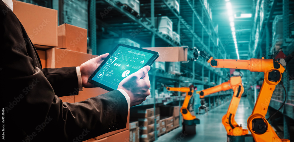 Poster smart robot arm systems for innovative warehouse and factory digital technology . automation manufac