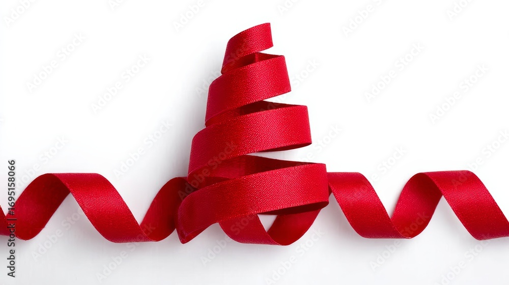 Aufkleber a long red ribbon is twisted and curled into the shape of a tree. the ribbon is made of a shiny, sil
