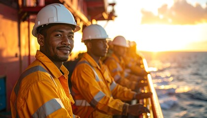 Workers on a ship at sunset