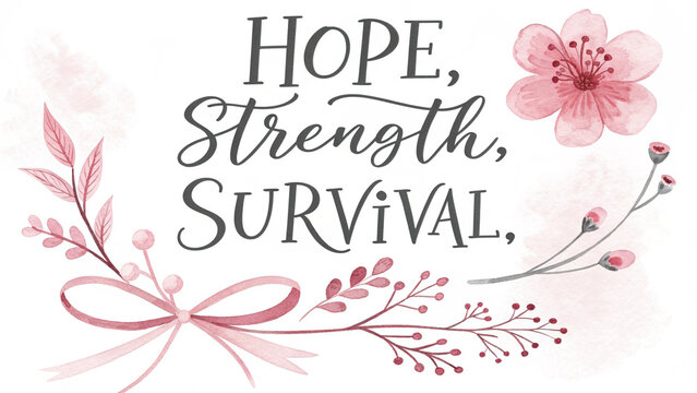 Inspirational quote hope strength survival surrounded by delicate watercolor pink floral elements and a ribbon bow symbolizing resilience and support for breast cancer awareness