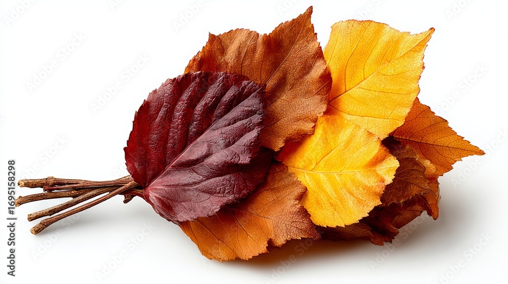 Poster a bunch of leaves with one being red and the others yellow. the leaves are arranged in a way that th