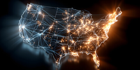 an image of the united states map with lines and conections, night photography internet networks connectons concept , space view ,technology