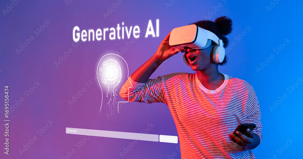 Poster a user joyfully interacts with a virtual reality headset, experiencing generative ai technology in a