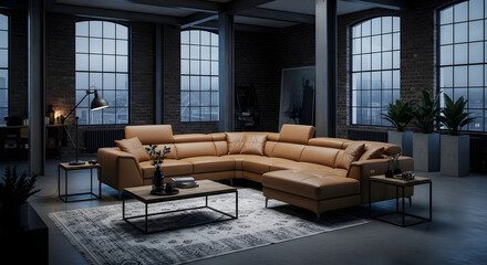 Modern industrial living room showcasing a large brown leather sectional sofa