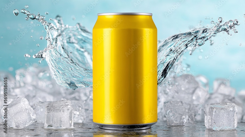 Poster a can of soda is sitting on a table with ice cubes and water splashing around it. concept of fun and