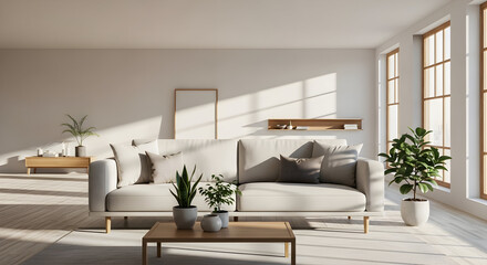 Modern Interior: A Bright Living Room with Plants and Sunlight Across the Space