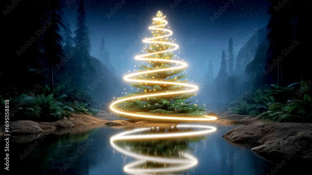 Poster a christmas tree with a stream of light is shown in a forest. the tree is surrounded by a body of wa