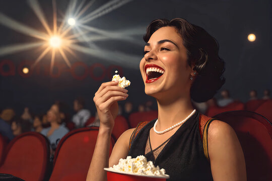 woman at movie theater laughing and eating popcorn