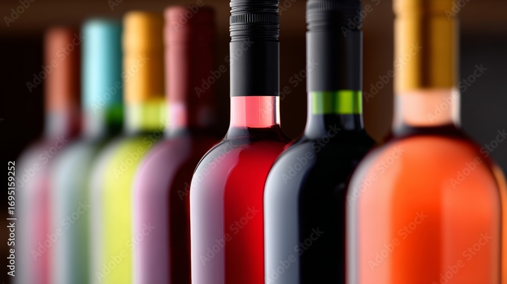 Poster a row of wine bottles with different colored tops. the bottles are lined up next to each other