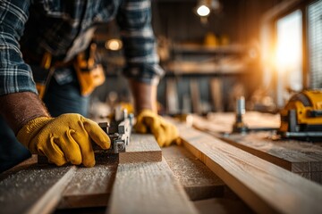 Carpenter using tool on wooden board in workshop, wearing safety gloves, focusing on precision cuts for furniture making, amidst carpentry equipment and sunlit ambiance.