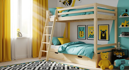 Modern Child Bedroom Decorated With Bunk Beds and Animal Themed Wall Art